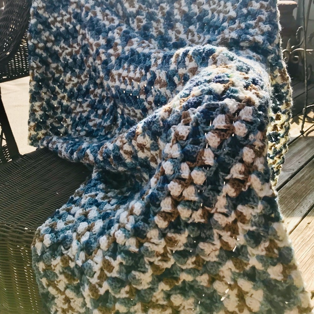 Shades of blue crocheted Afghan.